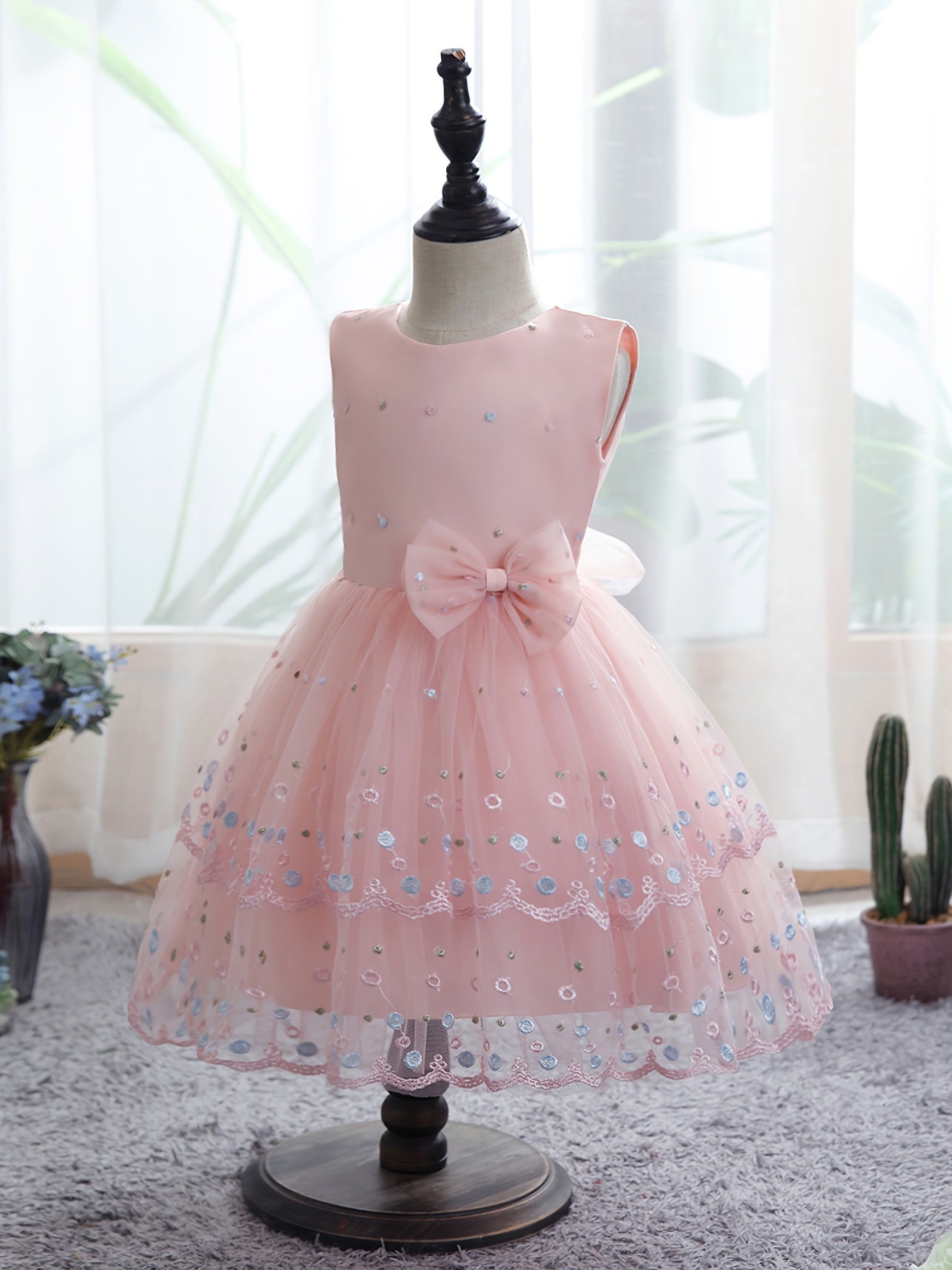 Baby Girls Floral Embroidery Sleeveless Mesh Princess Dress