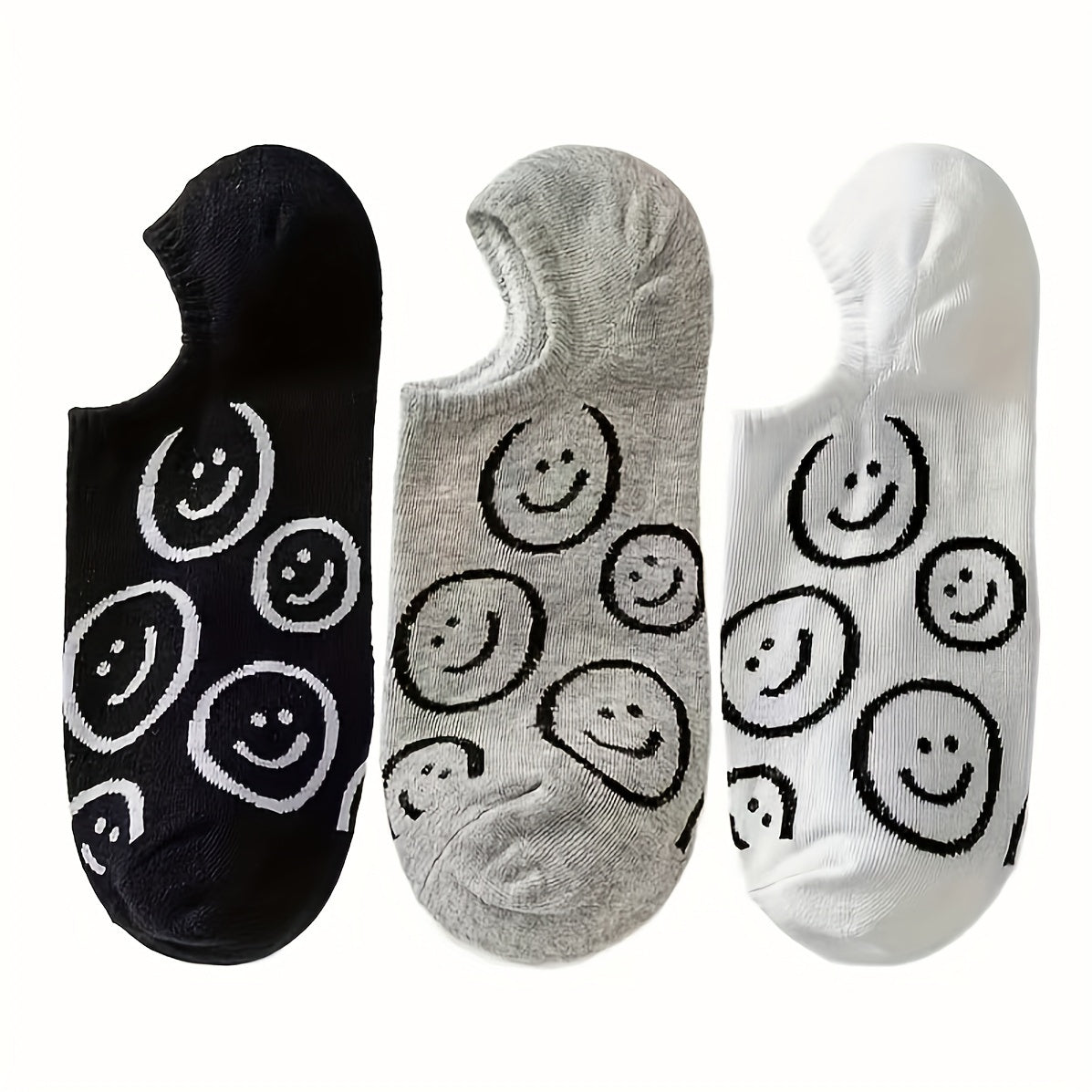 3 Pairs Funny Face Low Cut Ankle Socks Soft Gray