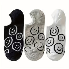 3 Pairs Funny Face Low Cut Ankle Socks Soft Gray