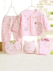 Cute Baby Girl 5pc Outfit Set Cartoon Top Pants Hat Bib