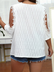 Plus Size Solid Jacquard Cold Shoulder Blouse with Lace Trim