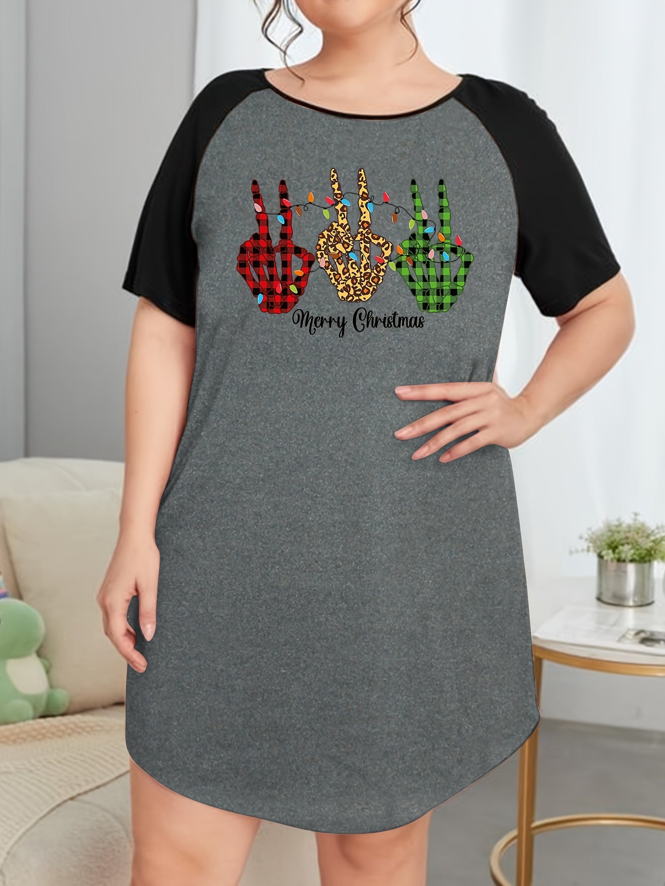 Christmas Skeleton Hand & String Lights Print Raglan Tee Sleep Dress