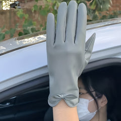 Solid Bow PU Gloves Warm Outdoor Riding Driving Coldproof Gloves