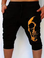 Skull Pattern Comfy Shorts Men's Casual Solid Knee Long Shorts