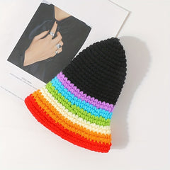 Vintage Rainbow Striped Bucket Hat Classic Crochet Cloche Hat