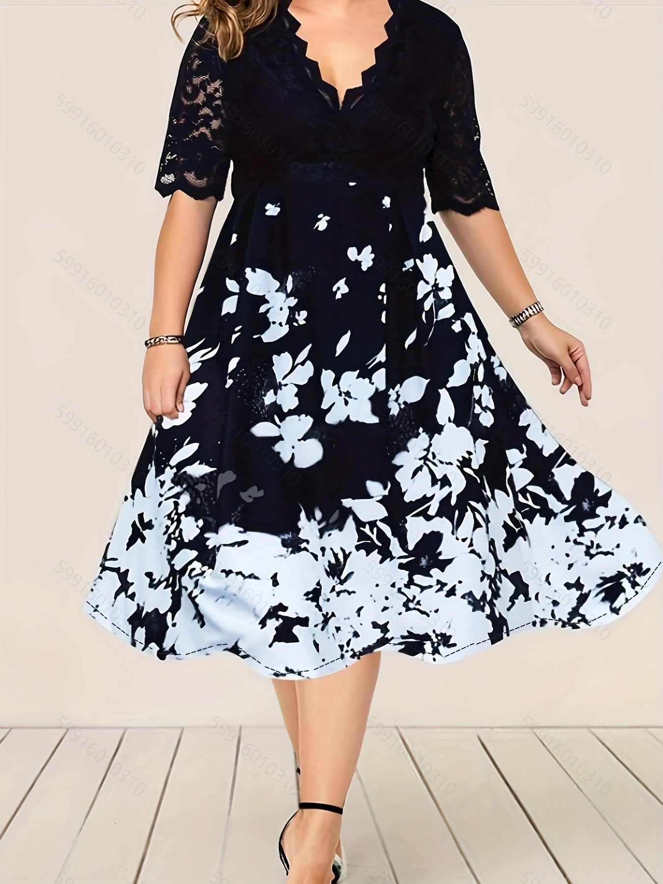 Casual Dress Women's Plus Floral Print Lace Sleeve Midi Party Dress
