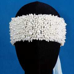 Faux Pearl Headband Mesh Tie Band Wedding Hair Accessories Bridal Headdress