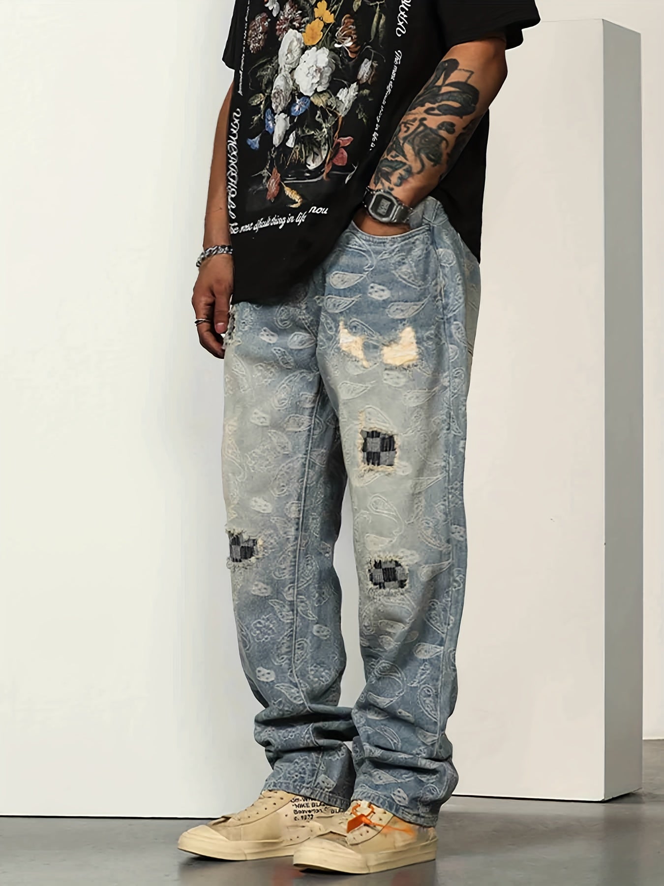 Men's Paisley Patchwork Jeans Loose Fit Casual Street Style