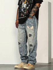 Men's Paisley Patchwork Jeans Loose Fit Casual Street Style