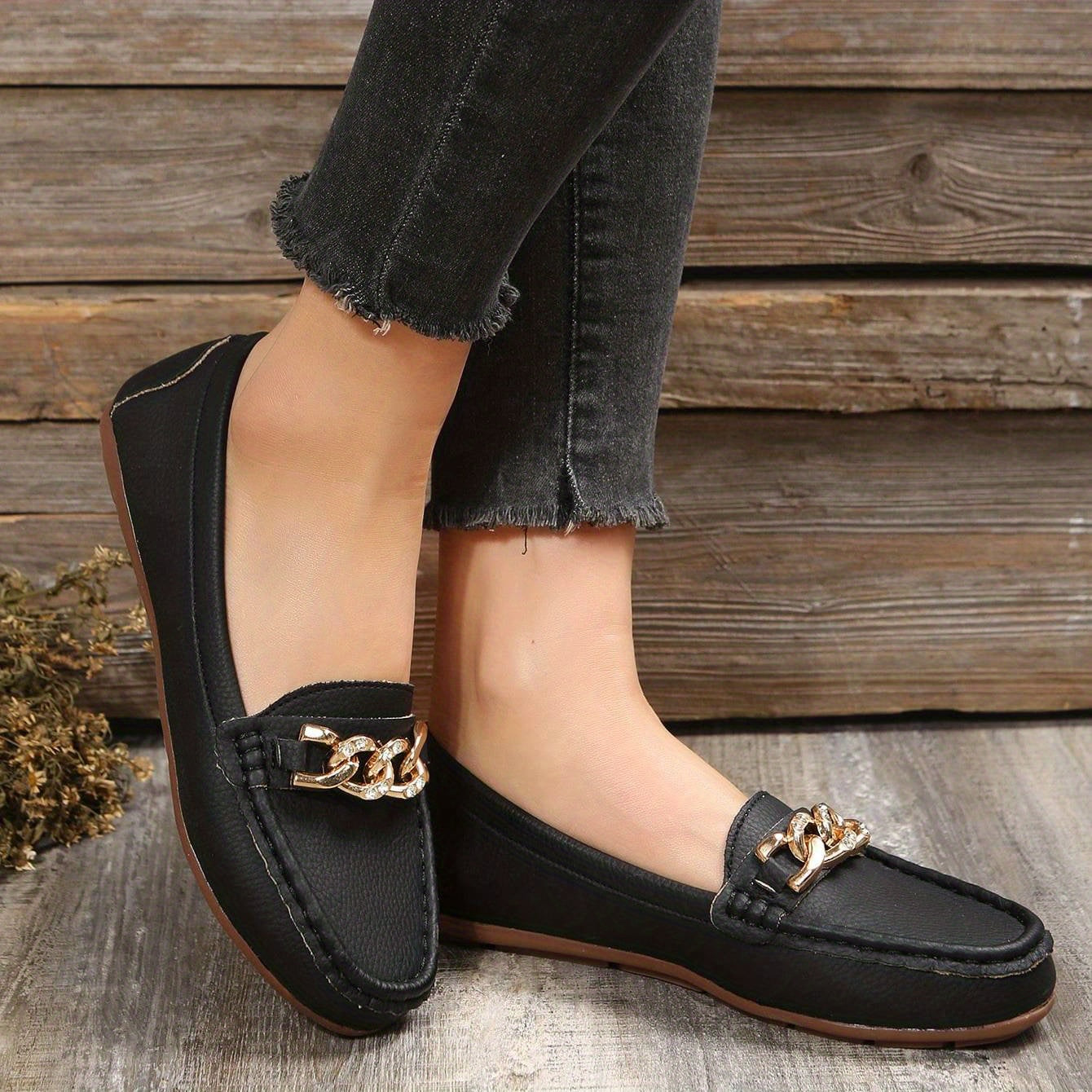 Women's Chain Loafers Rhinestone Slip-on Casual Shoes