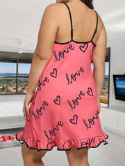Heart & Letter Print Ruffle Trim Cami Sleep Dress