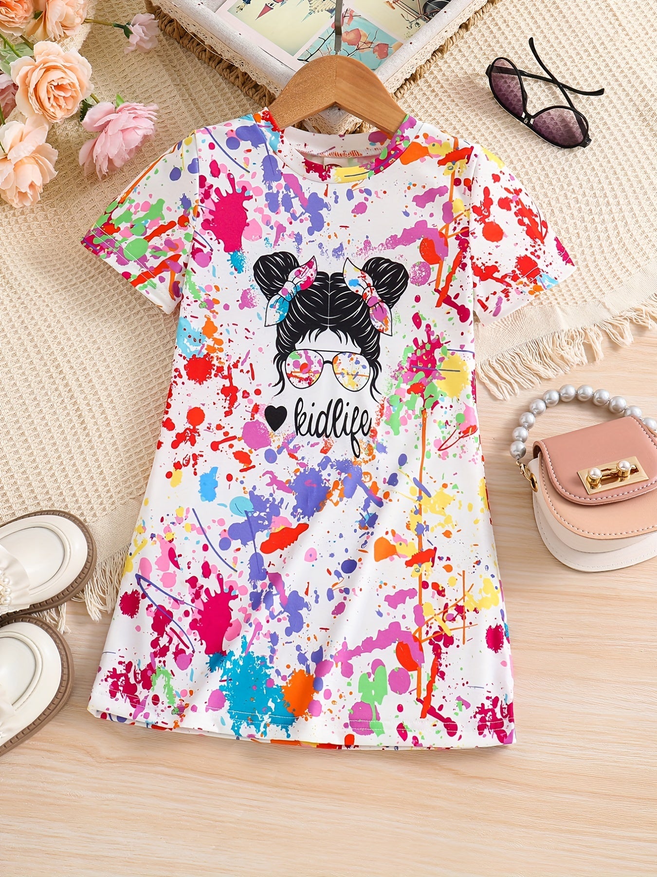 Girls' Colorful Portrait Print Tee Dress for Summer