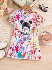 Girls' Colorful Portrait Print Tee Dress for Summer