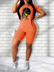 Girl Print Matching Two piece Casual Set Short Sleeve T shirt & Biker Shorts