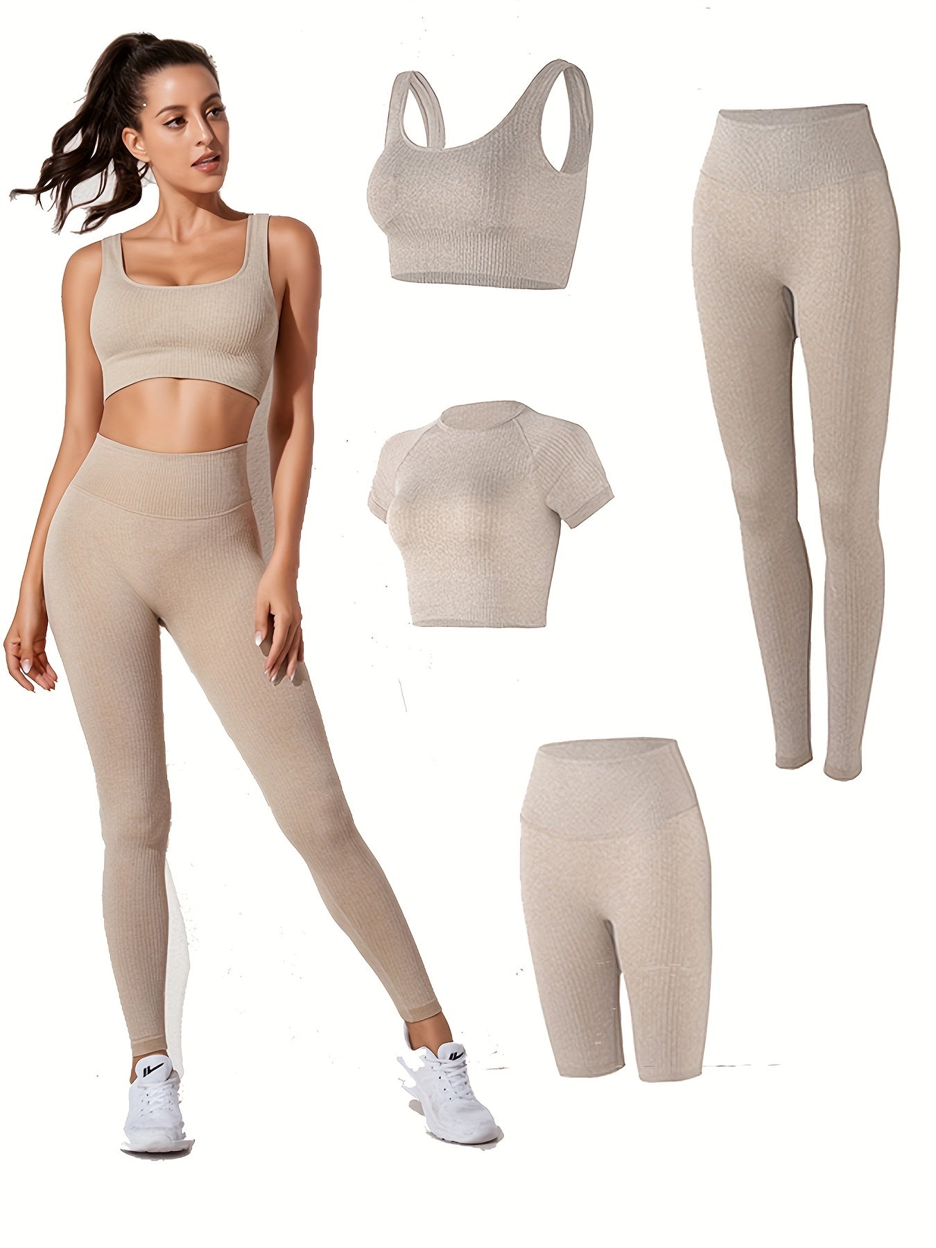 4pcs Yoga Workout Sets Sports Top & Sports Bra High Waist Shorts & Leggings