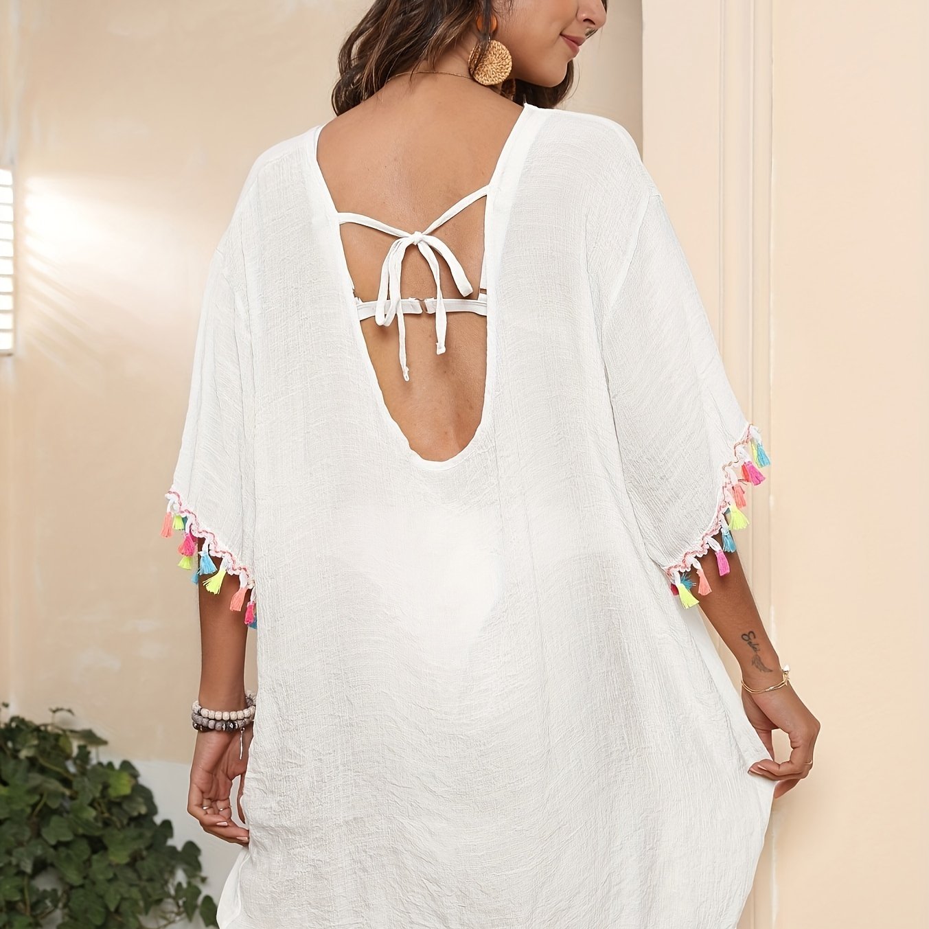 Colorful Tassel Trim Tie Back Coverup 3/4 Sleeve Sheer Dress Kaftan