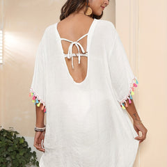 Colorful Tassel Trim Tie Back Coverup 3/4 Sleeve Sheer Dress Kaftan