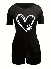 Heart Print Short Sleeve T-shirt & Shorts Set