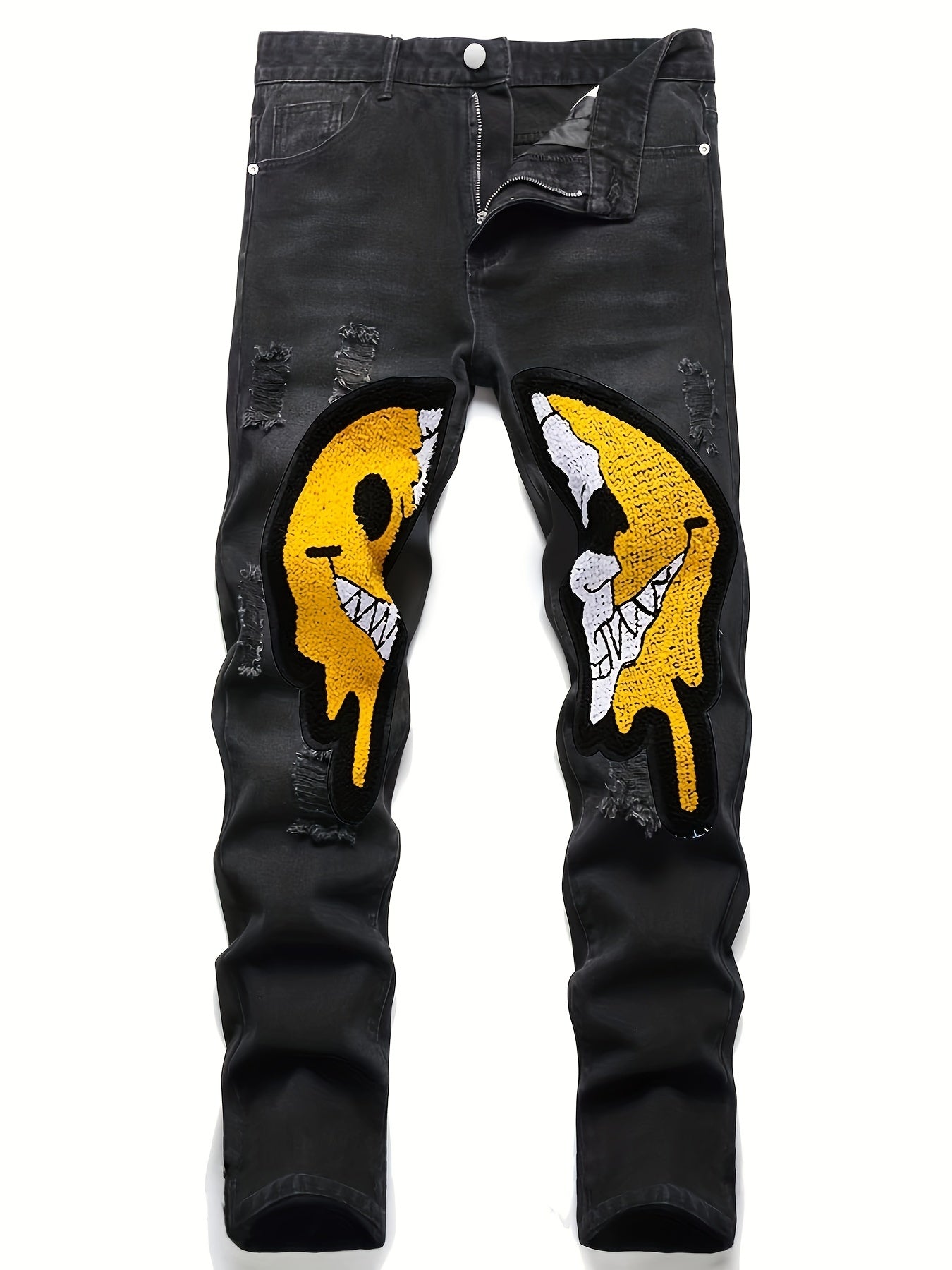 Smiling Face Pattern Ripped Jeans Men's Street Style Denim Pants