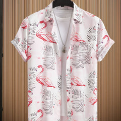 Red Crown Crane Print Men's Hawaiian Style Button Up Shirt