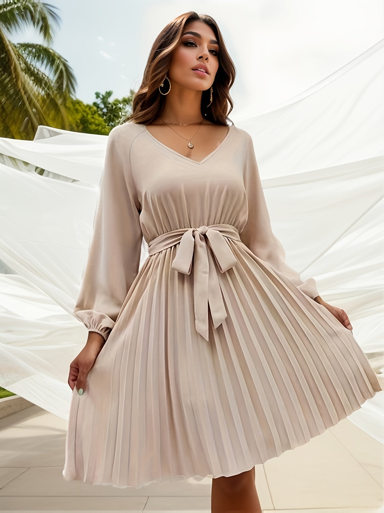 Tie Waist Pleated Dress Lantern Sleeve V neck Dress