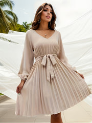 Tie Waist Pleated Dress Lantern Sleeve V neck Dress