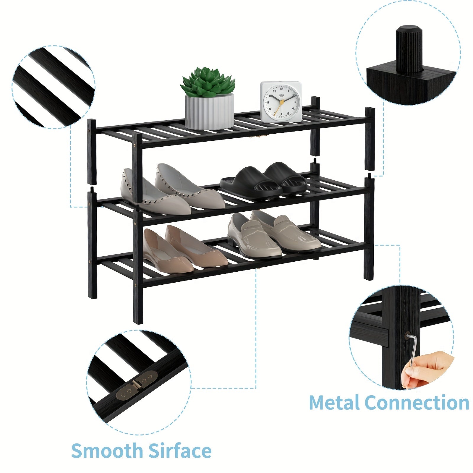 3 Tier Bamboo Shoe Rack Entryway Stackable Shoe Shelf Durable Shoe Storage