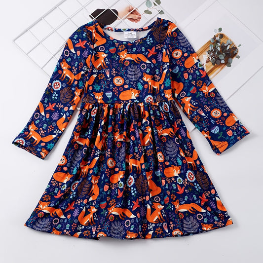 Toddler Girls Long Sleeve Cartoon Fox Stretch Dress