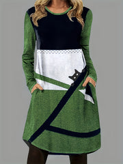 Plus Geo & Cat Print Long Sleeve Round Neck Dress