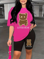 Women Cartoon Bear & Letter Print Tee & Shorts Two Piece Set