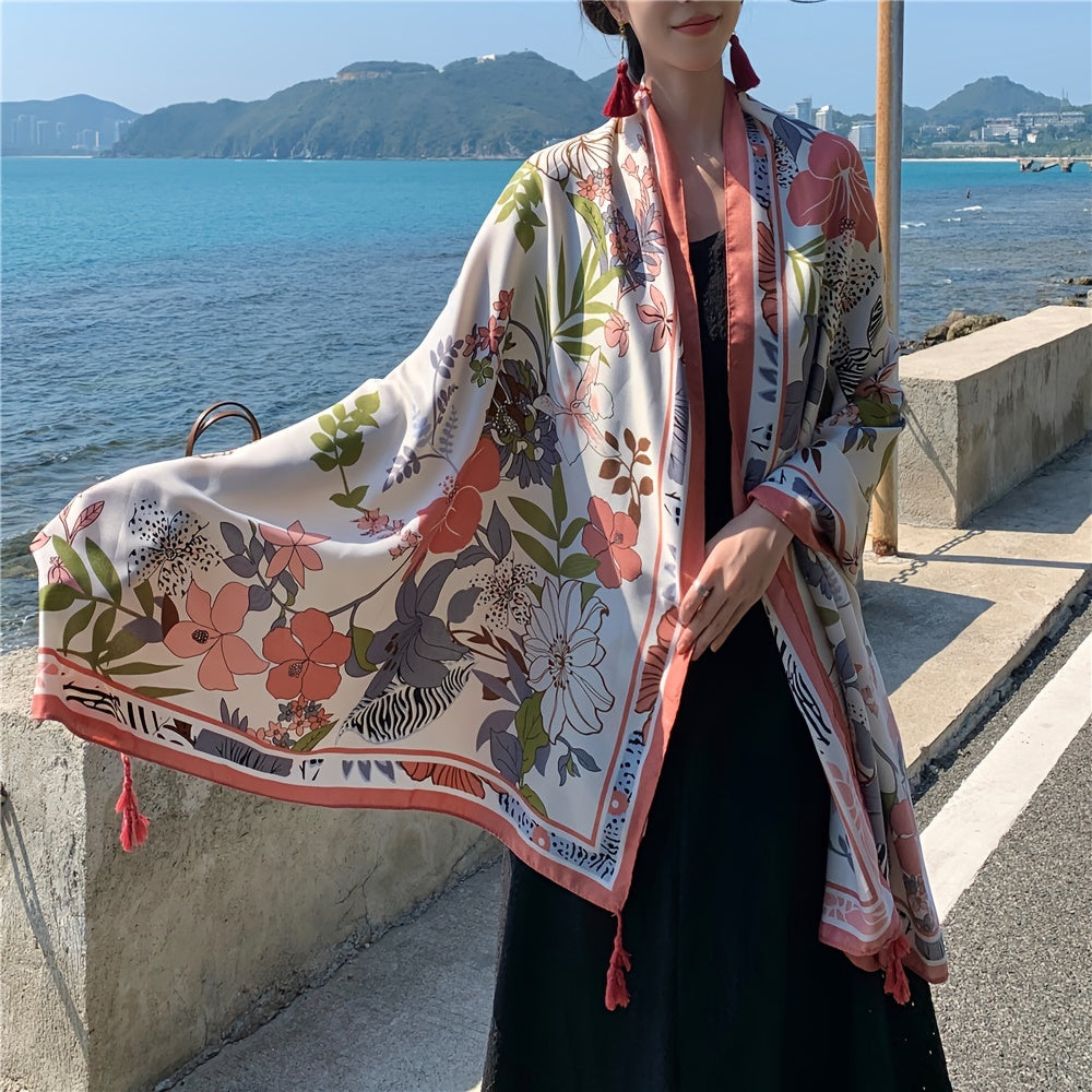Pink Flower Print Scarf Oversized Windproof Shawl Sunscreen Head Wrap