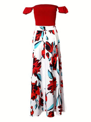 Sexy Two piece Skirt Set Off Shoulder Top & Floral Print Split Skirt