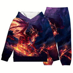 Boy's Fire Dragon Pattern Hoodie & Pants Set for Fall Winter