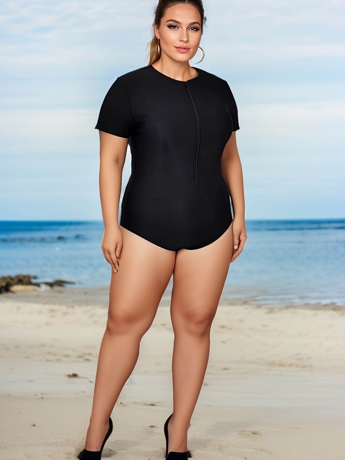 Sporty Swimsuit Women's Plus Solid Zip Up One Piece Bathing Suit