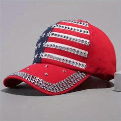 Flag Print Baseball Cap Rhinestone Decor Adjustable Dad Hat