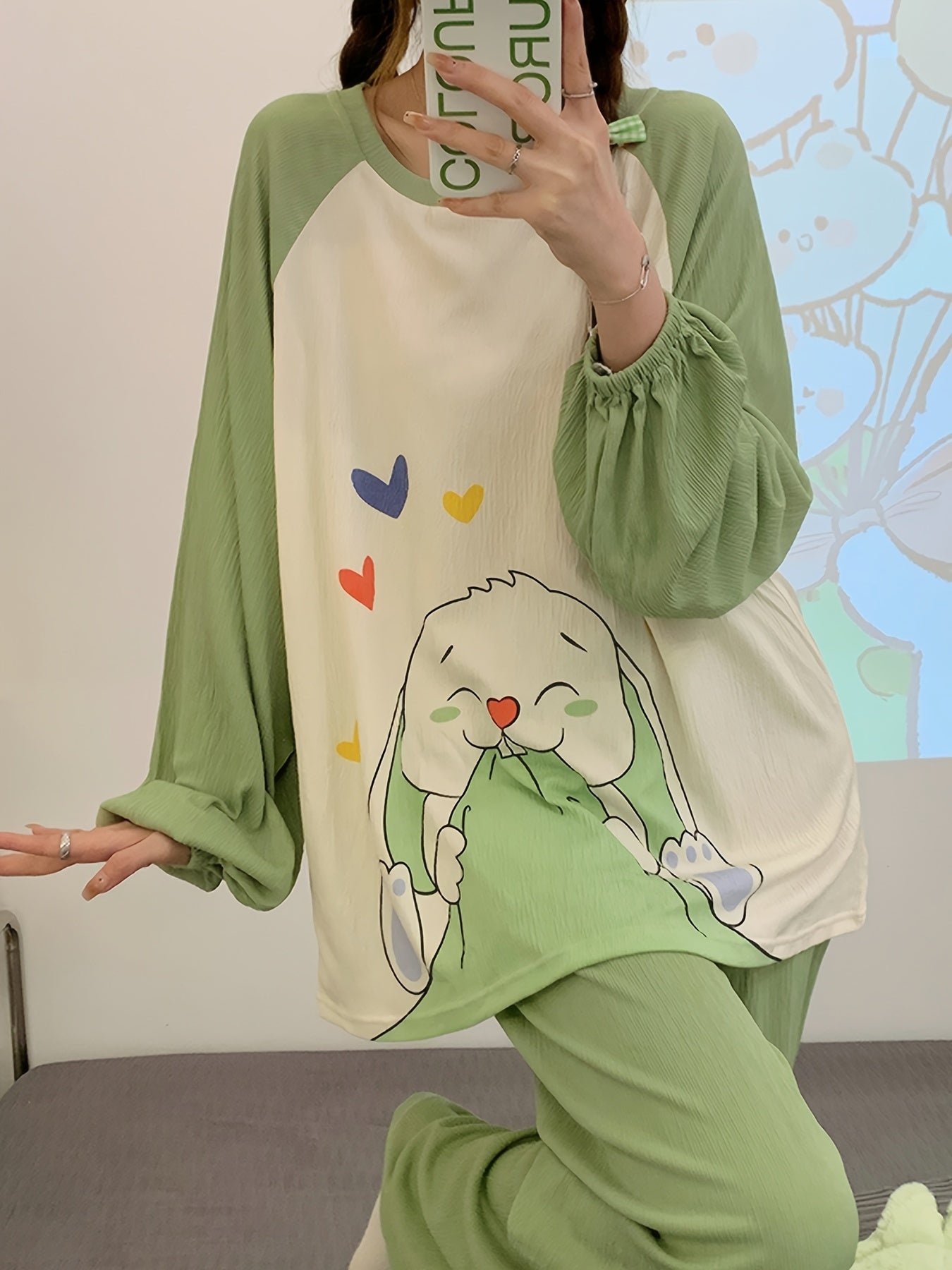 Bunny Print Pajama Set Long Sleeve Crew Neck Top & Pants