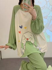 Bunny Print Pajama Set Long Sleeve Crew Neck Top & Pants