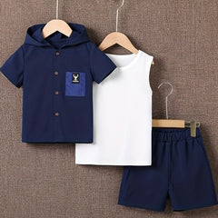 3pcs Boys Hooded Shirt & Vest & Sport Shorts Set Summer Toddler Kids