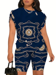 Women's Plus Baroque Print Pin Detail Top & Shorts Set