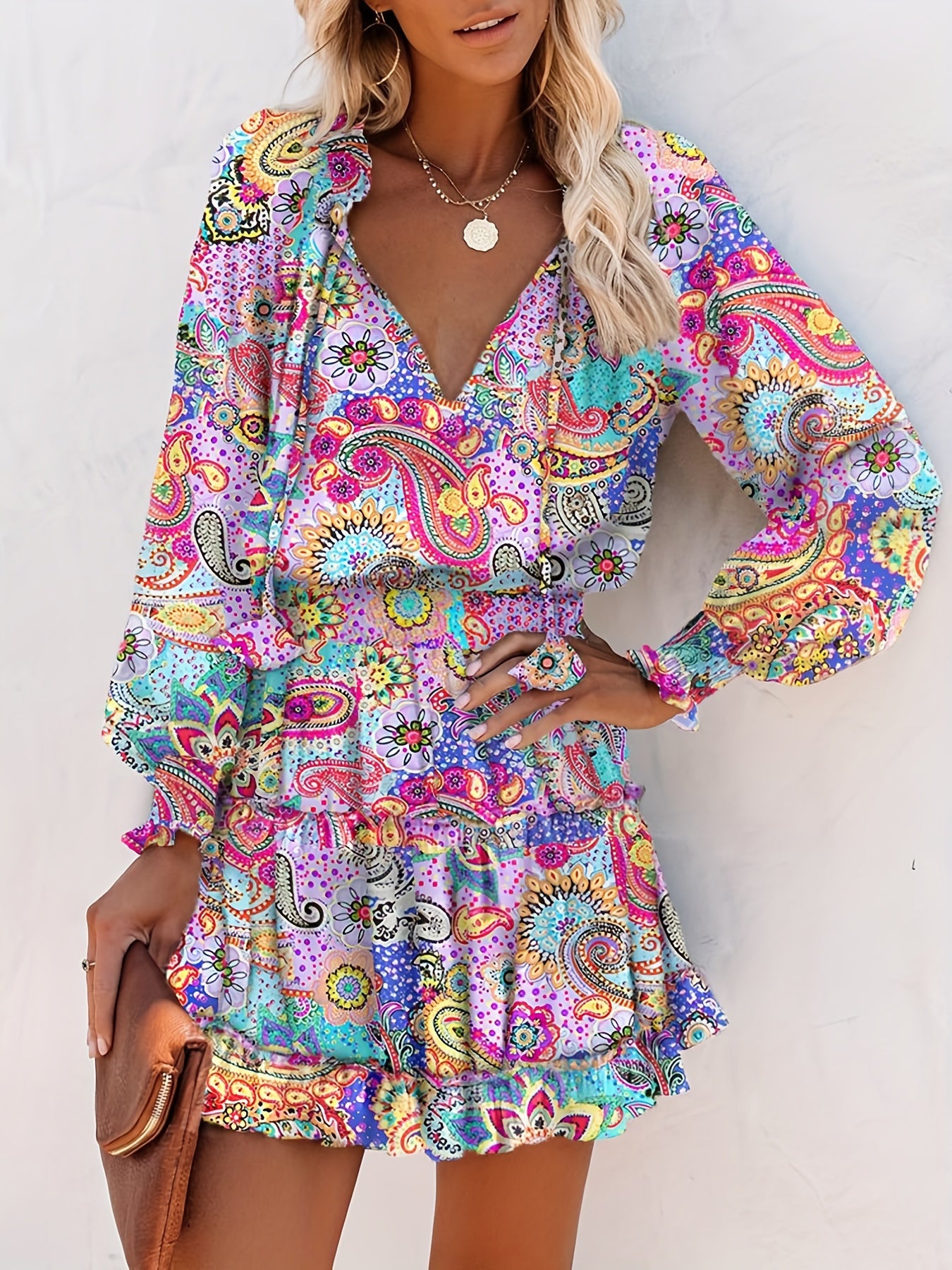 Paisley Print Mini Dress Long Sleeve Casual Dress