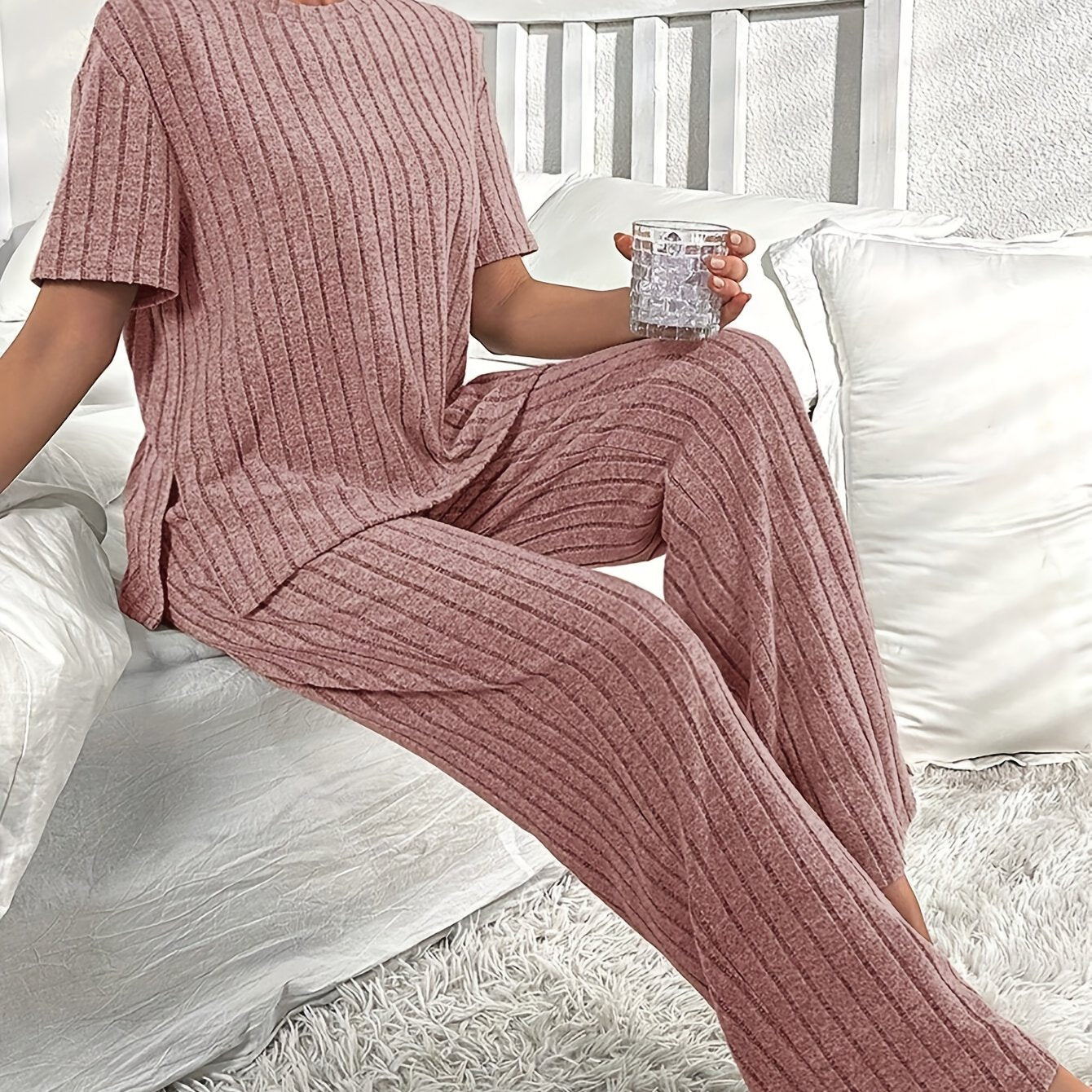 Ribbed Lounge Set Short Sleeve Crew Neck Top & Pants Women's Loungewear