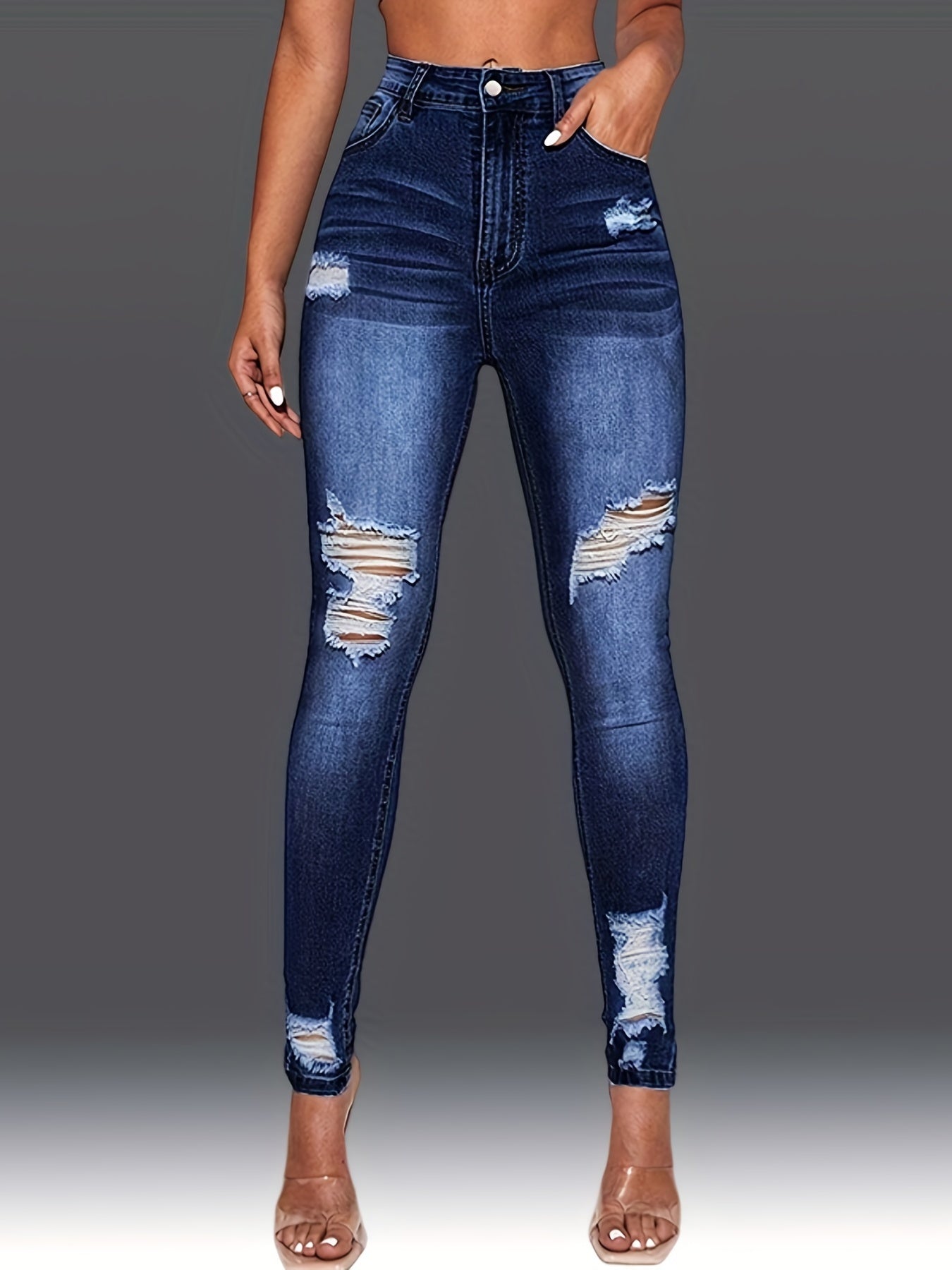 Slim Fit Ripped Jeans Button Closure