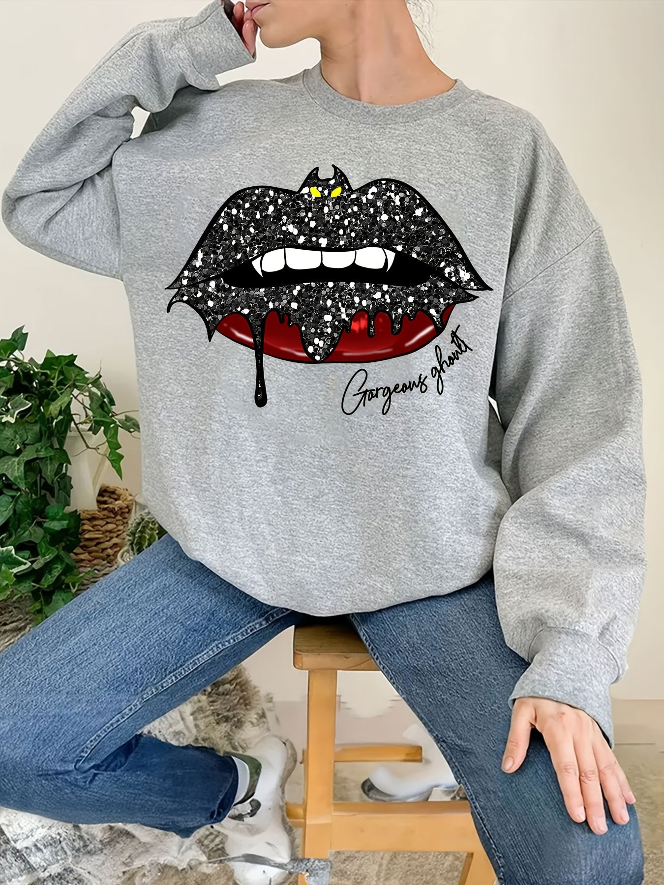 Bat Lip Print Sweatshirt Long Sleeve Crew Neck Women's Clothing