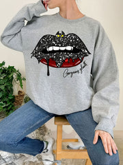 Bat Lip Print Sweatshirt Long Sleeve Crew Neck Women's Clothing