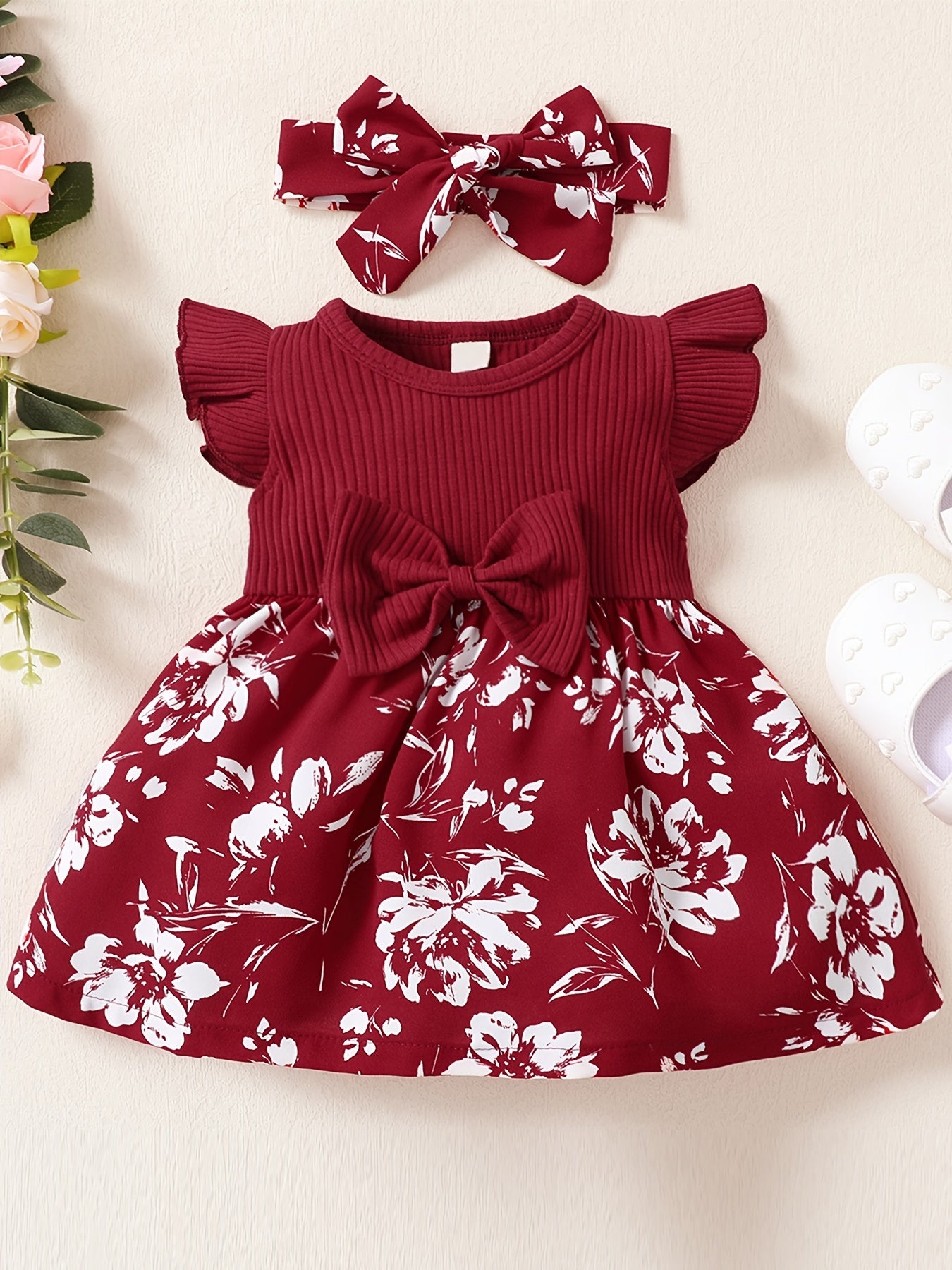 Baby Girls Floral Ruffled Sleeve Dress With Headband