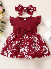 Baby Girls Floral Ruffled Sleeve Dress With Headband