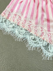 Lace Stitching Pajama Set V Neck Cami Top & Striped Shorts