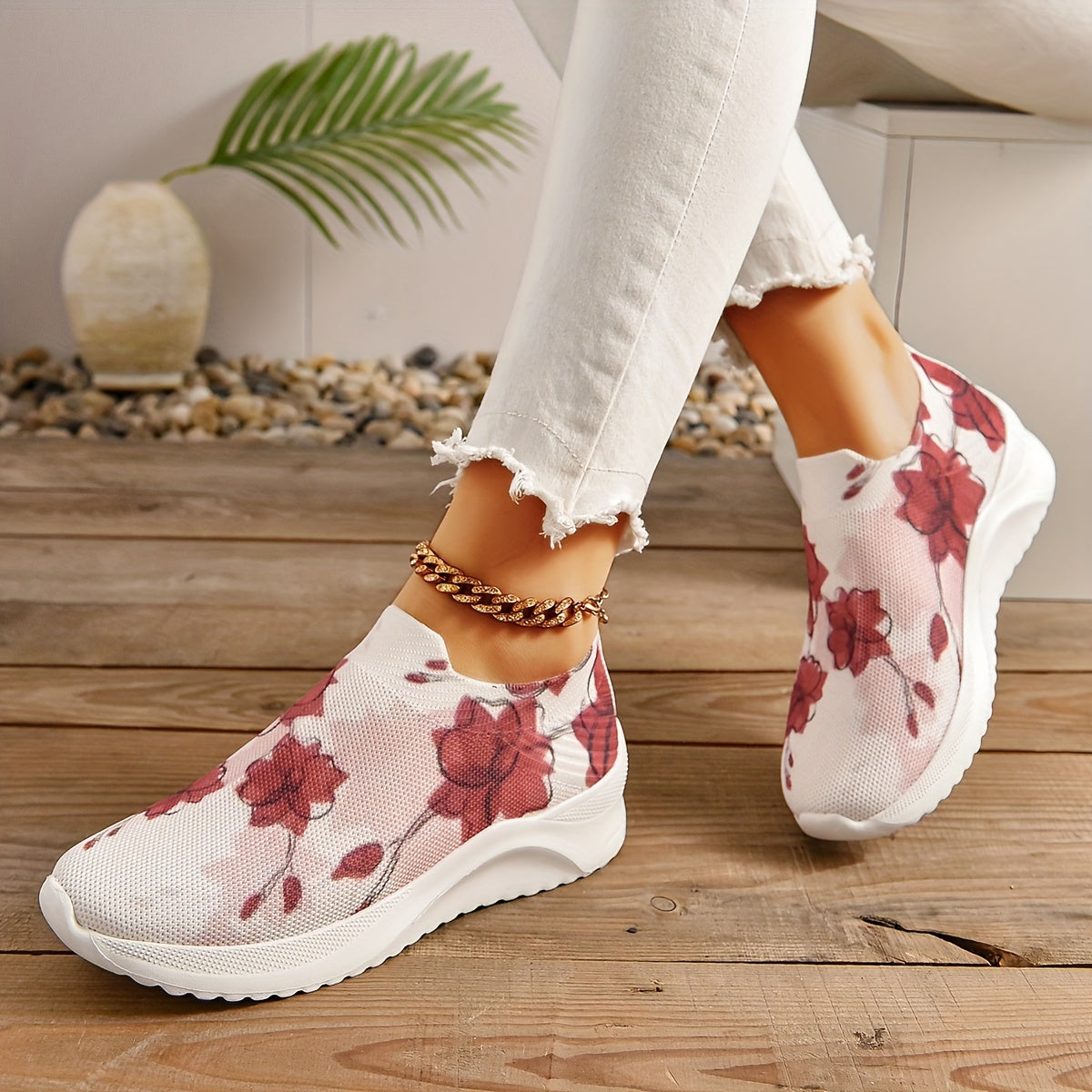 Women's Flower Pattern Slip on Sneakers - Sweet Style Walking Shoes