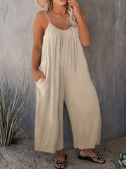 Casual Cami Jumpsuit Solid Round Neck Wide Leg With Pockets