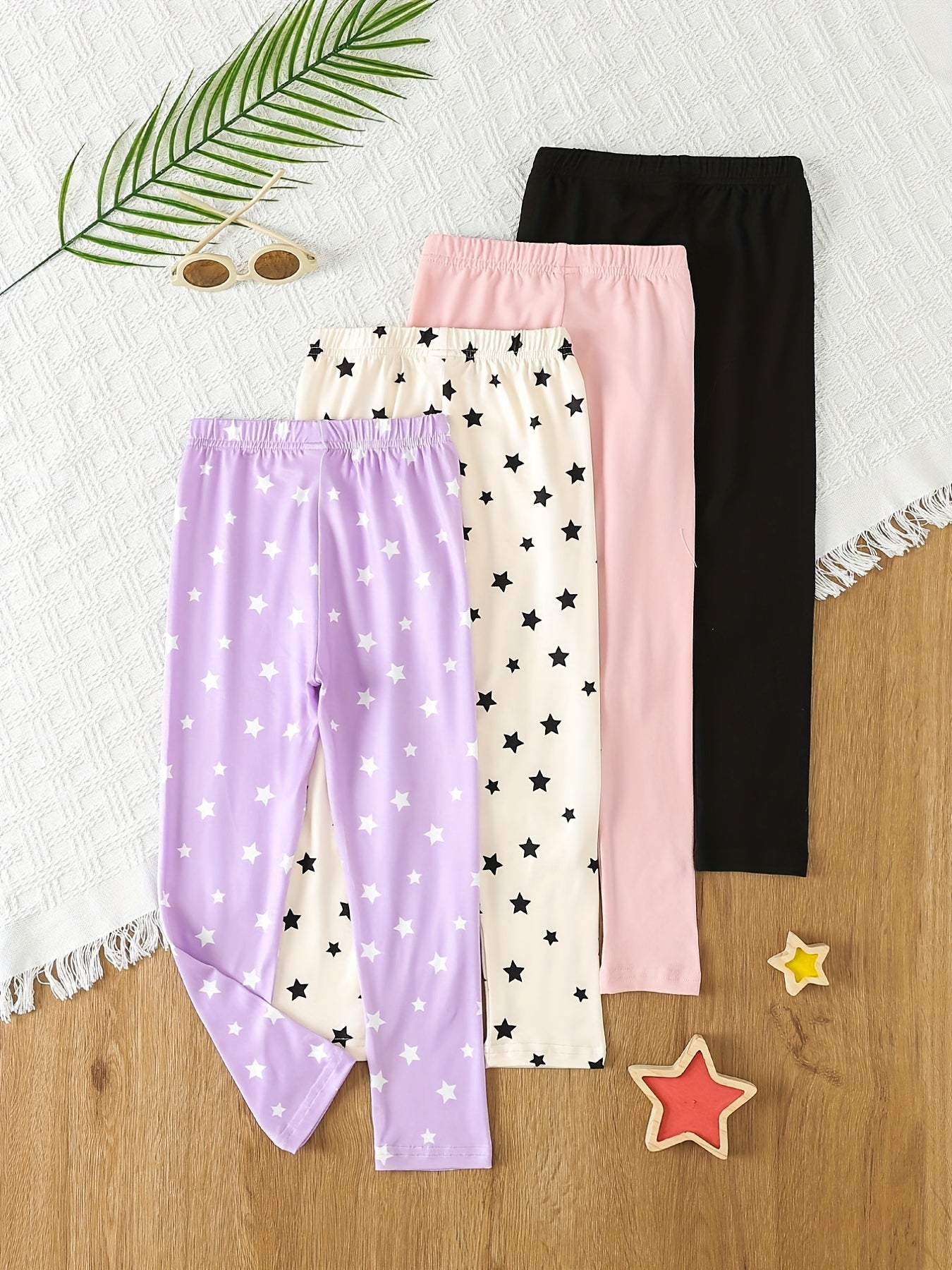 4pcs Toddler Girls Footless Leggings Cotton Stars Graphic Legging Pants